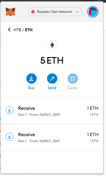 My wallet balance now contains 5 Ether for testing