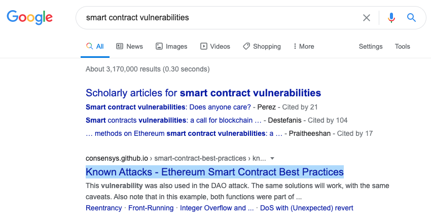 Google search results for smart contract vulnerabilities